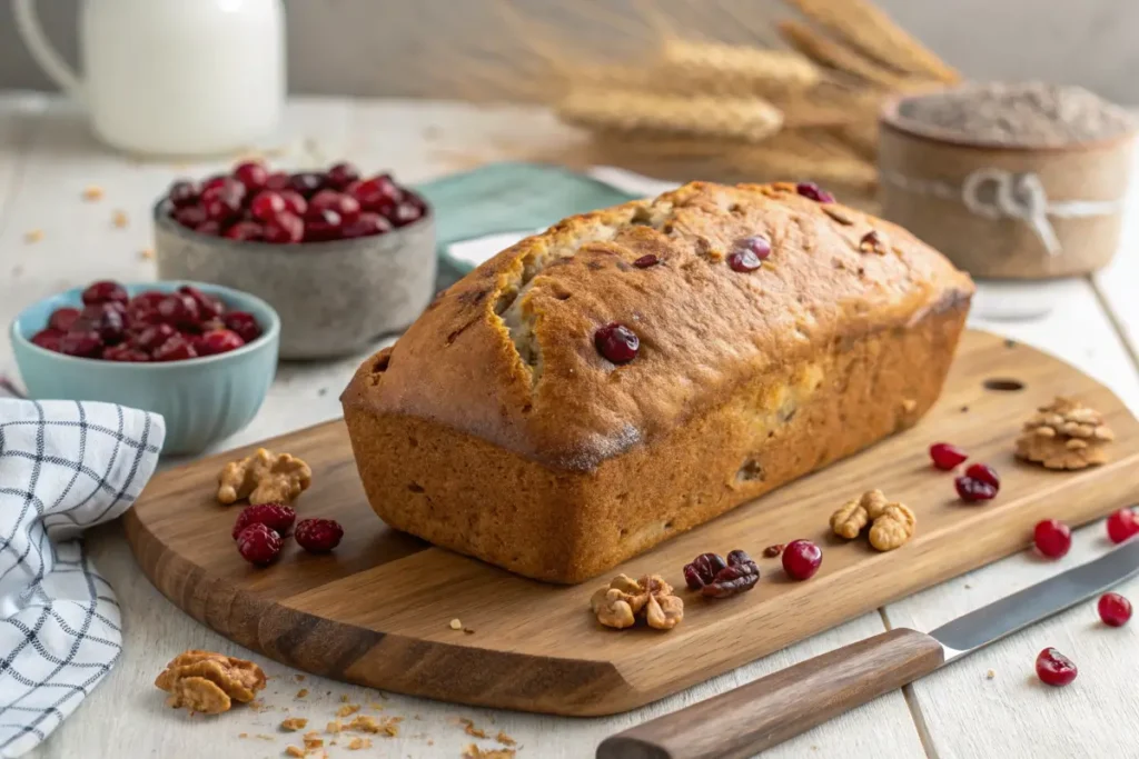 Rustic cranberry nut bread loaf on a wooden cutting board.