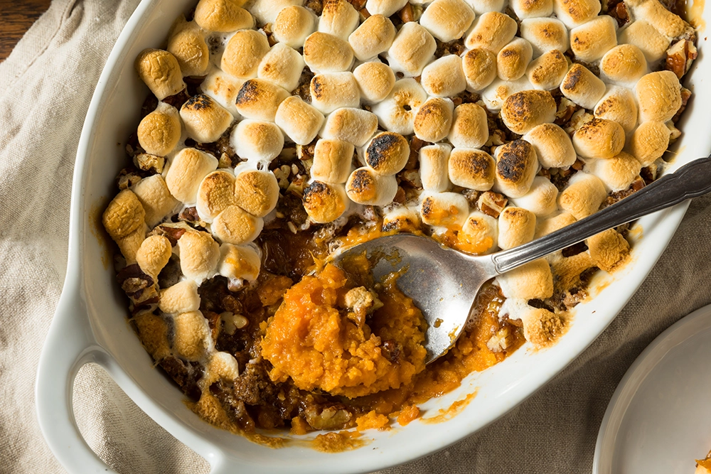 Sweet potato bake, casserole with pecan topping, holiday sweet potatoes