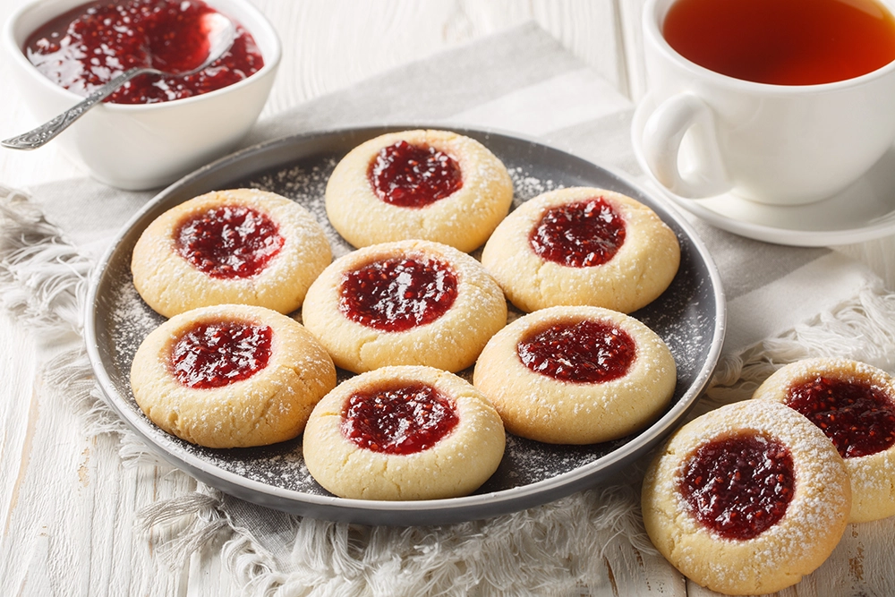 Holiday Thumbprint Cookies with jam and powdered sugar on a festive plate.