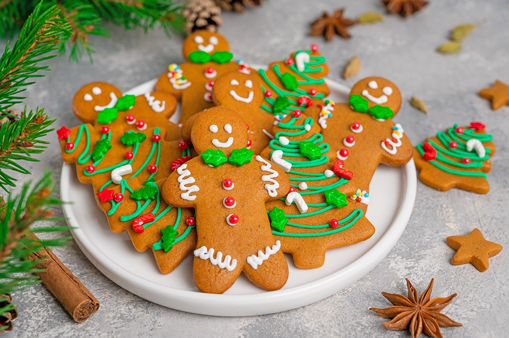 Festive cookies, holiday gingerbread cookies, gingerbread treats